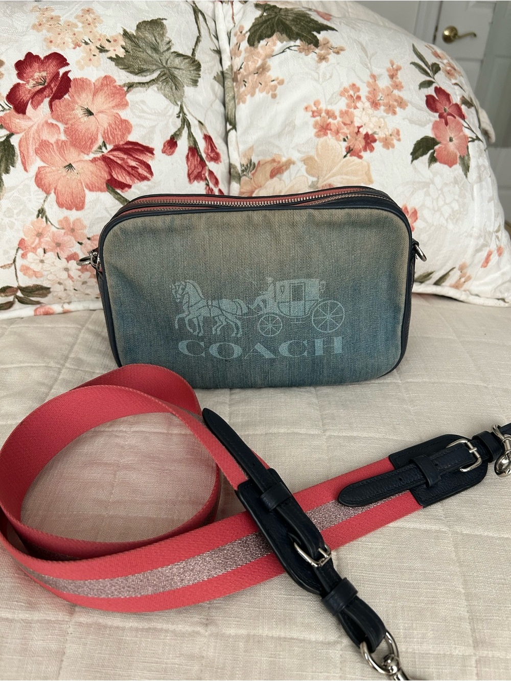 Coach Denim and Leather 28A Bag with Coral Interior